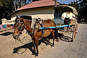 Inwa, Myanmar - tourists ride on a horse-drawn carriage. Riding on a horse cart is the easiest way to get around Inwa's narrow and dusty road to explore scatterred attractions. 